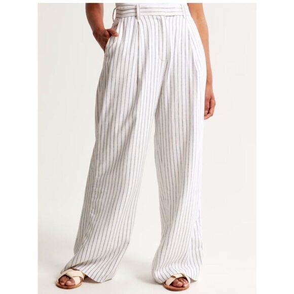 ABERCROMBIE Pants Women 32 High Ultra Wide Leg Linen Pinstripe Office Resort - Picture 1 of 12